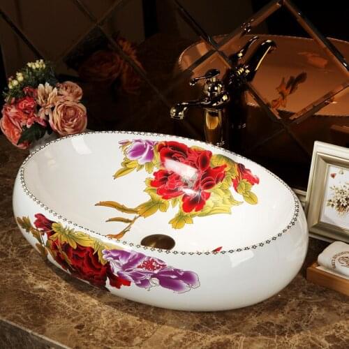 China Artistic Handmade Art wash basin Ceramic Counter Top Wash Basin Bathroom Sinks art wash basin oval peony