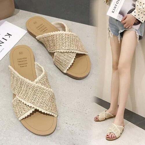 Summer Cross Strap Hemp Weaving Sandals Ladies Straw Hollow Out Non-Slip Flat Bottom Shoes Linen Slippers Beach Casual Slides