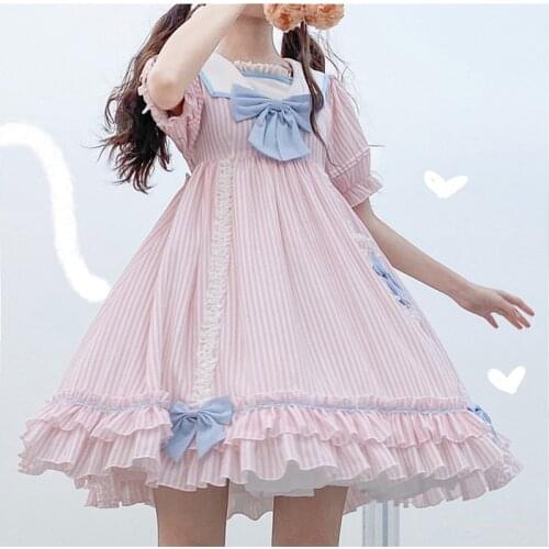Summer Sweetheart SoftGirl Sweet Lolita Short Sleeve OP Dress Cosplay Small Fresh Stripe Sailor Collar Princess Party Dress