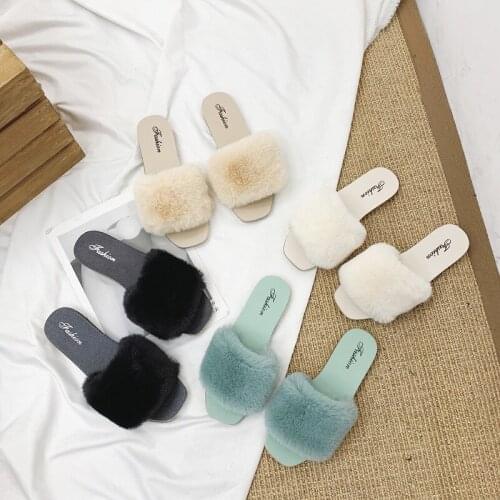 LKSHOE Winter Women House Slippers Faux Fur Fashion Warm Shoes Woman Slip on Flats Female Slides Cozy Home Furry Slippers