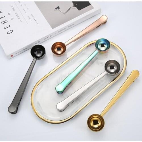 Multifunction Stainless Steel Spoon With Bag Clip Ground Tea Coffee Scoop Long Handle For Coffee Beans Kitchen Measuring Tool SN
