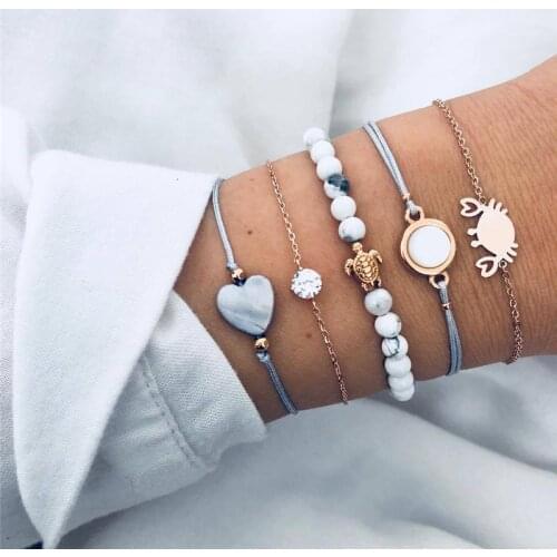Modyle 5pcs/set Bohemian Beads Charm Bracelets Set Gold Color Crab Turtle Heart Bracelets Bangles For Women Jewelry