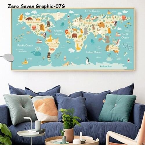 Cartoon Earth Animal World Map Children Education Picture Canvas Poster And Print Wall Art For Kids Baby Room Nursery Decoration