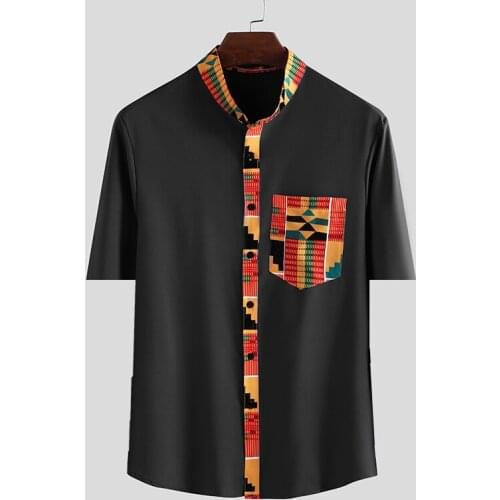 Mens National Style Wear Popular Standing Collar Pocket Printed Short Sleeve Shirt White Blue Black 2021
