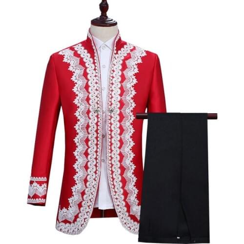 Retro court mens suits singer dance stage clothing for men groom suit set with pants star style costume Europe formal dress red