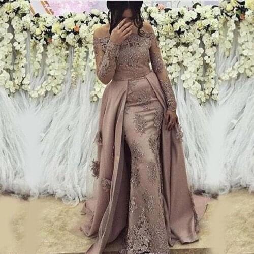 Cheap glaring Modest Arabic lace Long Sleeves Evening Dresses Prom Gowns 2021 applique Women Formal Gala Plus Size Party Dress