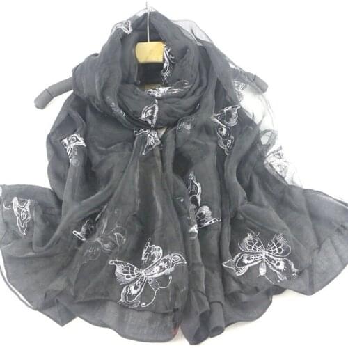 New high-grade butterfly embroidery flower double-layer European root scarf twill cotton shawl ladies scarf
