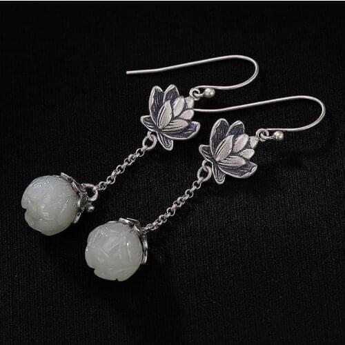 Original natural Hetian white jade lotus long earrings Chinese retro light luxury charm womens brand silver jewelry