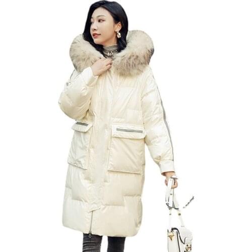 Women Winter Hooded Faux Fur Collar Windproof Big Pocket Glossy Long Coat Puffer Jacket Cotton Padded Parkas Outwear Overcoat
