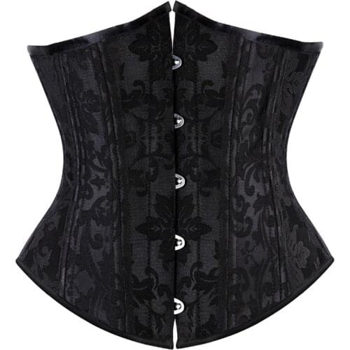 Sexy Gothic Embroidered Spiral Steel Boned Underbust Corset Plus Size Cincher Waist Trainer Brocade Corsets and Bustiers Black
