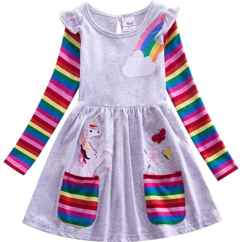 Children New Girls Dress Fashion Round Neck Pocket Long Sleeve Unicorn Rainbow Print Girl Dresses Autumn Kids Clothing Vestidos