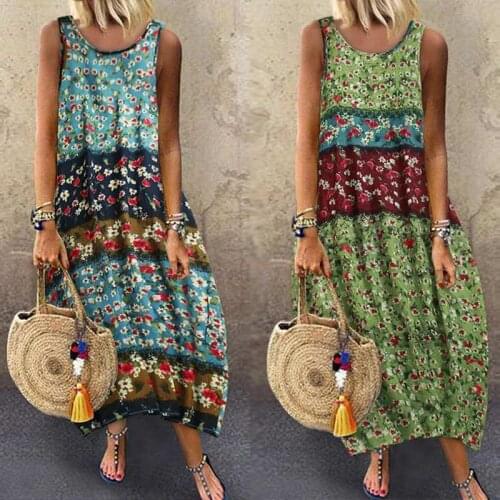 ZANZEA 2019 Vintage Cotton Maxi Dress Womens Printed Sundress Casual Summer Sleeveless Long Vestido Female Baggy Robe