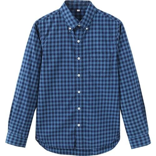 Spring Autumn Men Simple Loose All-match Japan Style Plaid Blue Comfortable Breathable Water Washed Cotton Shirts/Blouse