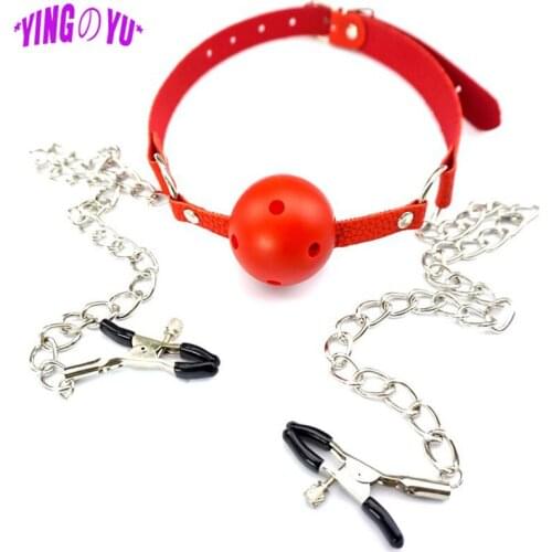 Sexy Women Breathable Ball Gag Open Mouth Gags Nipple Clamps Breast Clips BDSM Bondage Erotic Sex Toys For Couples Adult Games
