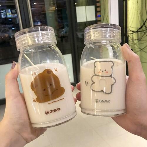 Cute Bear Glass Water Bottle 450ml Cartoon Thick Milk Coffee Tumbler for girl kids Animal Lover Gift