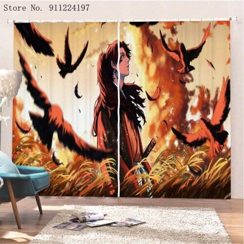 Japanese Anime Polyester Blackout Curtains Demon Slayer Window Curtain For Living Room Bedroom Ultra-thin Micro Shading