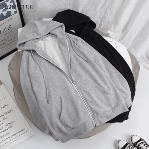 Hoodies Women Loose Long Sleeve Vintage Solid Color Casual Female Chic Korean Style Popular Pocket Simple Spring Zip-Up Workout