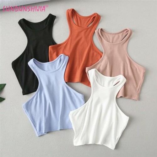 LUNDUNSHIJIA Sexy Women Summer Solid Crop Tops O-neck Sleeveless Ribbed Cotton Tank Top Female 5 Colors