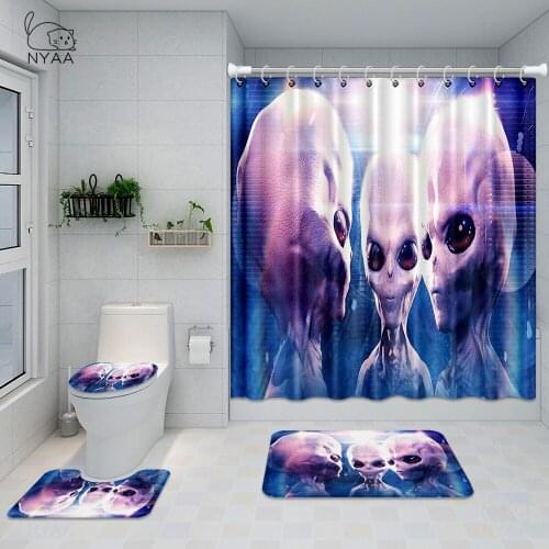 Trippy Alien Smoke and Chill in Bath Shower Curtain 3D Bathroom Curtains Set Funny Alien Smoking Weed Cigarette Toilet Rug Mat