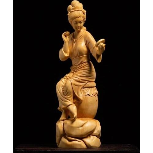 16CM Dressing beauty boxwood Chinese solid wood home room decoration crafts creative wood carving ornament
