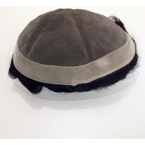 Stock toupee with fine mono and poly around, folded edges at front in black color