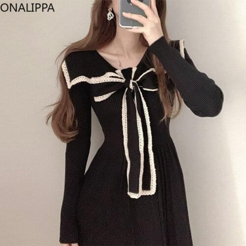 ONALIPPA Knitted Pleated Dress 2021 Autumn Ladies French Vintage Navy Collar Lace Bow Tie Decoration Design High Waist Vestidos