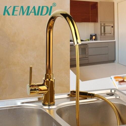 KEMAIDI Pull Out Kitchen Faucet Gold Mixer Deck Mounted Faucet Mixer Pull Out Kitchen Mixer Tap Solid Brass 360 R0tation