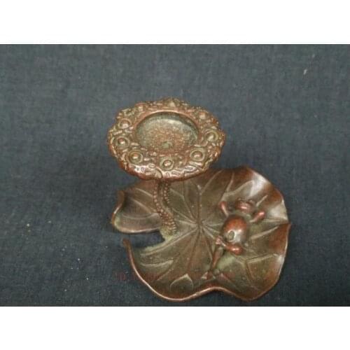 YIZHU CULTUER ART Collected Old China Bronze Carving Lovely Frog Lotus Leaf Backflow Incense Stand Family Decoration Gift