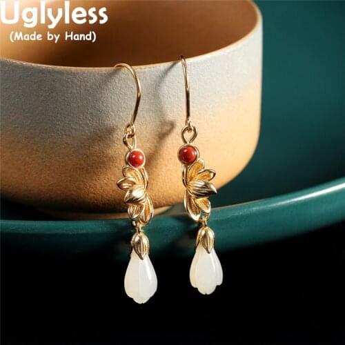 Uglyless Elegant Magnolia Floral Earrings for Women Nature Jade Agate Brincos Thai Silver 925 Silver Lotus Earrings Enamel Jewel