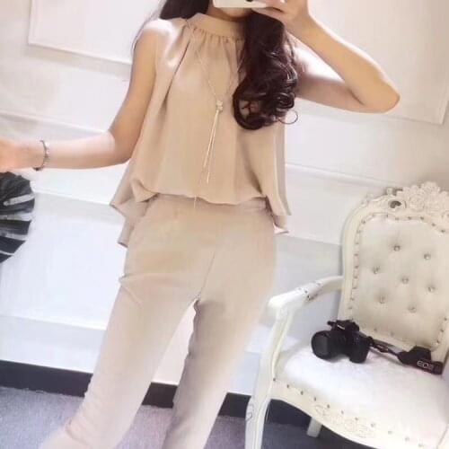 2018 Summer New Polyester Zipper O-neck Suit Female Fashion Sleeveless Round Neck Top Waist Was Thin Piece Pants Two Women