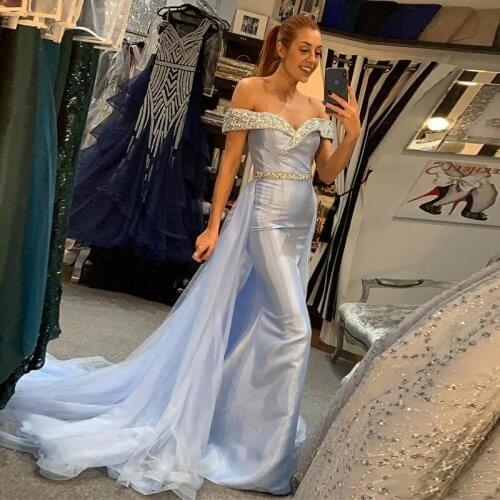 Sky Blue Mermaid Muslim Evening Dress 2021 Beaded Off Shoulder Sweetheart Sexy Evening Gown Formal Dress Party Vestido
