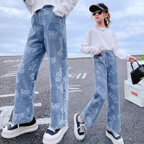 Girls Jeans 2021 Autumn Loose Straight Wide-leg Pants Kids Trousers Jeans for Girls Outfits 10 12 14 Yrs High Waist Letter Pants