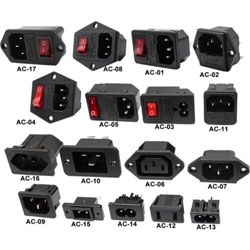 Iec320 c14 power socket, 3-pin input, led, 250v, rocker switch, 10a, male connector, 2-pin female mounting socket