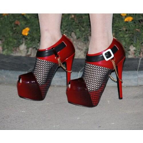 FGHGF Womens high-heeled shoes, 16cm two-color patent leather open-toe shoes, net cloth and chain decoration