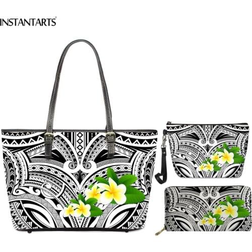 INSTANTARTS Traditional African Tribe Print Women Tote Bag Sets Plumeria Makeup Handbag Wallet Lady PU Leather Shoulder Bag 3pcs