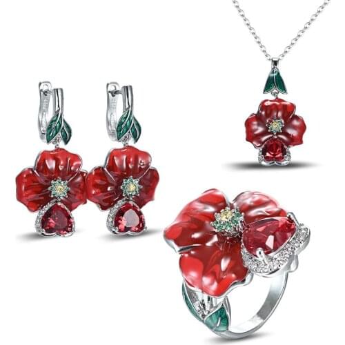 Deluxe 925 Silver Love Red Rose Enamel Pendant Necklace Earrings Jewelry suit