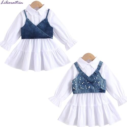 Lioraitiin 1-6Years Toddler Baby Girl Fashion 2Pcs Dress Set Long Sleeve Turn-Down Collar Solid Shirt Dress Denim Vest Outfti