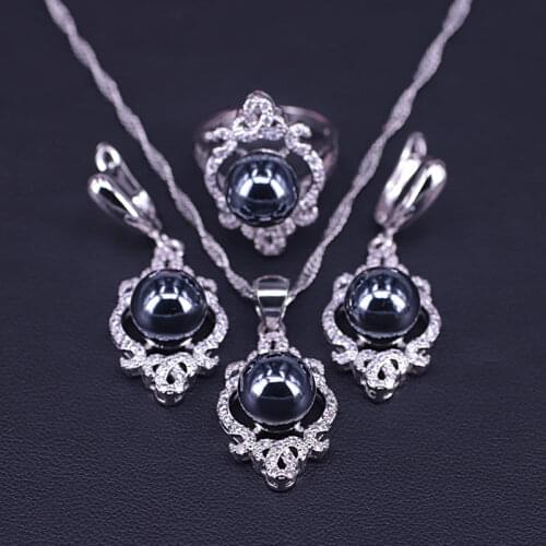 Fashion Silver Color Jewelry Sets Round Pearl Necklace+Earrings+Ring For Women Korean Jewelry Engagement Gift