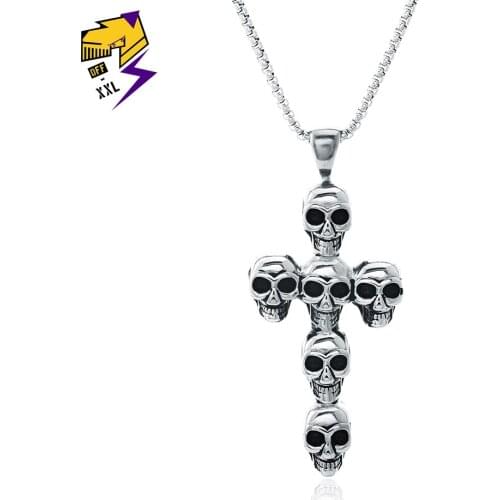 Titanium Stainless Steel Skull Cross Pendant Necklaces Men Punk Heavy Metal Biker Skeleton Silver Chains Necklaces Rock Jewelry