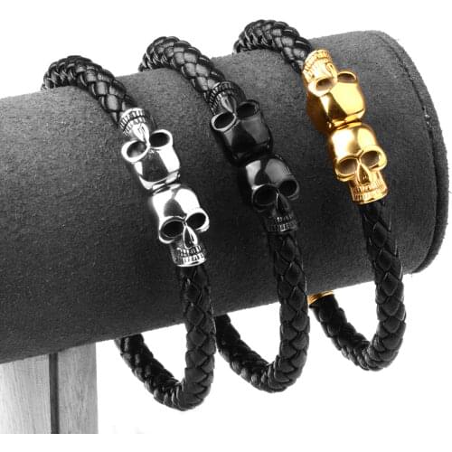 Magnetic Clasp Genuine Leather Bracelet Stainless Steel Charm Skull Skeleton Head High Quality Bangles Gifts For Men