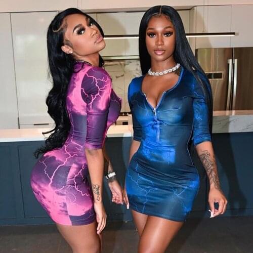 Zip Up Tie Dye Print Bodycon Mini Dress Long Sleeve Fall 2021 Women Clothing Sexy Hot Fashion Clubwear Party Dresses Vestidos