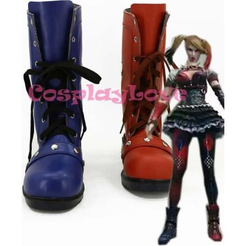 Newest Custom Made American Movie Blue and Red Arkham Asylum Harley Cosplay Shoes Long Boots For Halloween