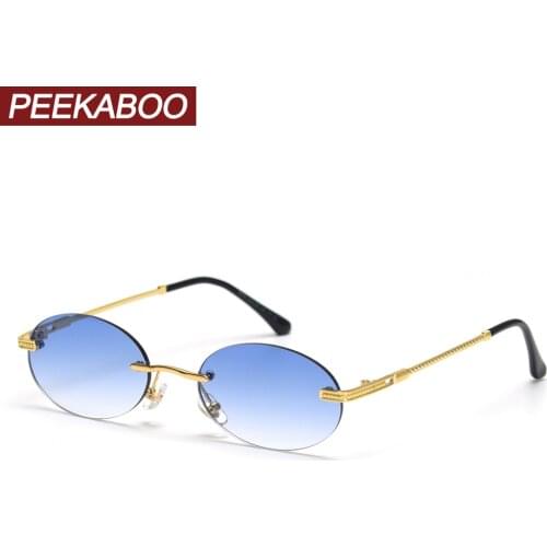 Peekaboo vintage sunglasses women retro frameless blue mirror small round sun glasses for men rimless uv400 gold metal 2021