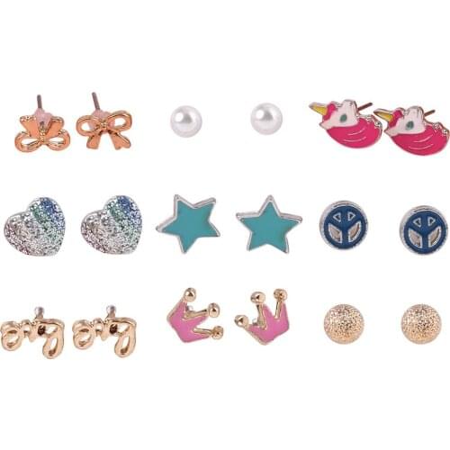 Cute Small Unicorn Butterfly Bowtie Heart Star Stud Earrings 9 Pairs Set For Kids Girls Hypoallergenic