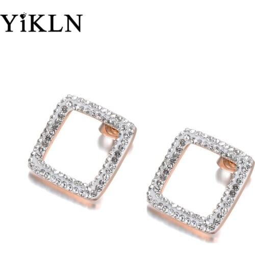 YiKLN Stainless Steel OL Style Jewelry White/Black Clay Cystal Earrings For Women Rose Gold Square Shape Christmas Gift YE18457