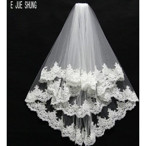 E JUE SHUNG Modern Bridal Veils Two Layer Lace Appliques Bride Wedding Veils Cheap Wedding Accessories Voile Mariage