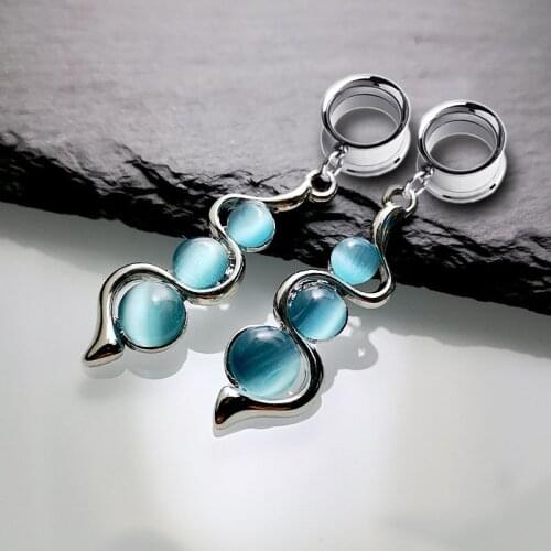 2pieces Stainless Steel Ear Piercing Cats Eye Dangle Ear Tunnel and Plugs Body Piercing Ear Gauge Strether Stone Expansores