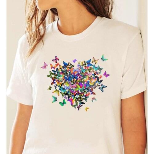 Women T-shirt Butterflies Dance Into Heart Shape Print Korean Style Graphic Summer T Shirt Casual Round Collar Short Sleeve Top