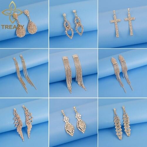 TREAZY 2020 Fashion Crystal Long Drop Earrings for Women Jewelry Gold Color Rhinestone Wedding Party Dangle Earrings Brides Gift