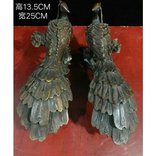 10" Tibet Buddhism Temple Old Bronze Peacocks statue A pair Ganoderma lucidum Implication Good luck Grow old together